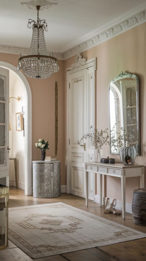 A refined french hallway or entryway illuminated by a grand crystal chandelier, featuring a light-colored traditional rug, a white console table with a mirror above it, and a unique textured round cabinet.