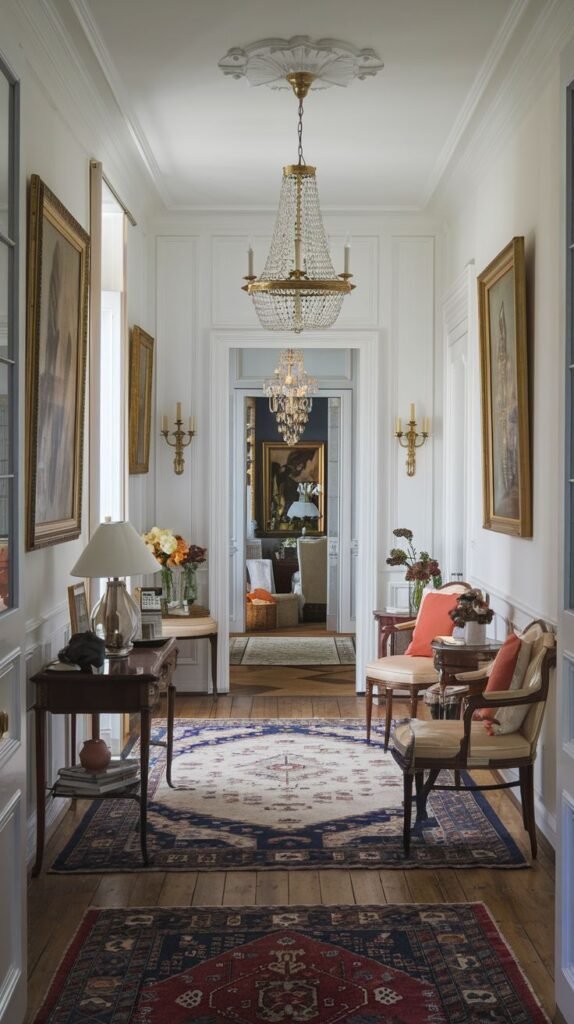 A long, refined french hallway adorned with multiple sparkling chandeliers, ornate wall sconces, large framed artworks, and a series of classic rugs leading the eye through the elegant space.