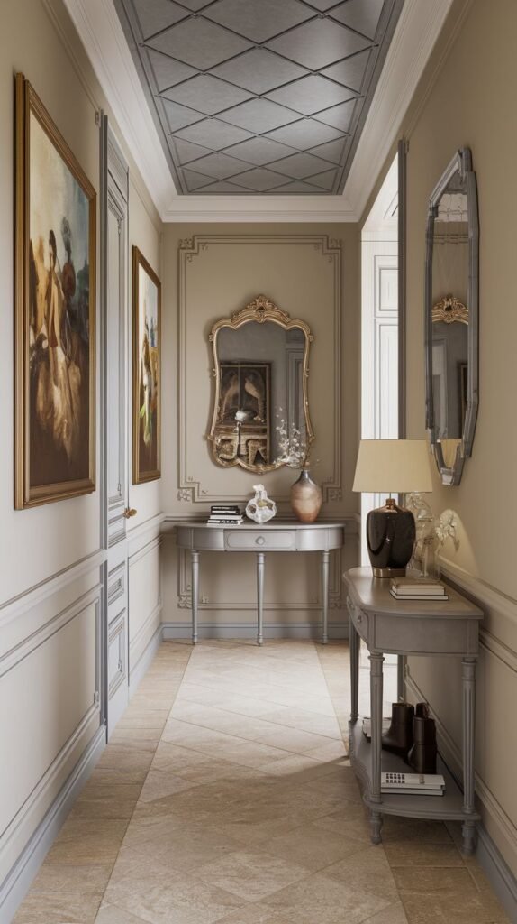 A refined french hallway showcasing a decorative ceiling, light-colored walls with wainscoting and molding, an ornate gold mirror over a gray console table, and a second gray console table with a lamp further down.