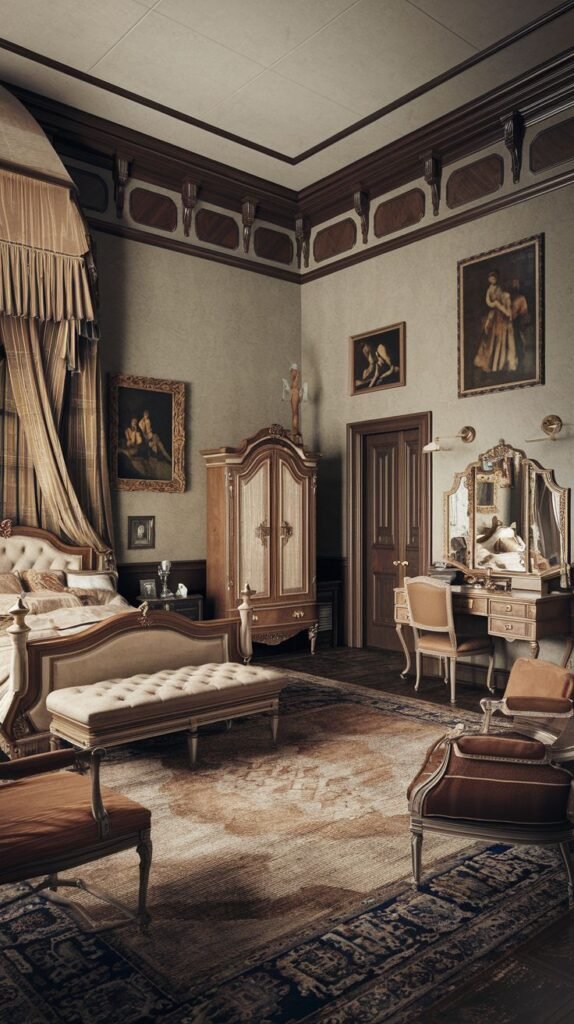 A Regal Victorian bedroom featuring a grand four-poster bed with draped fabric, a tall wooden wardrobe, and a classic dressing table with a mirror and stool. The room is decorated with several framed paintings, a patterned rug, and rich dark wood trim along the ceiling.