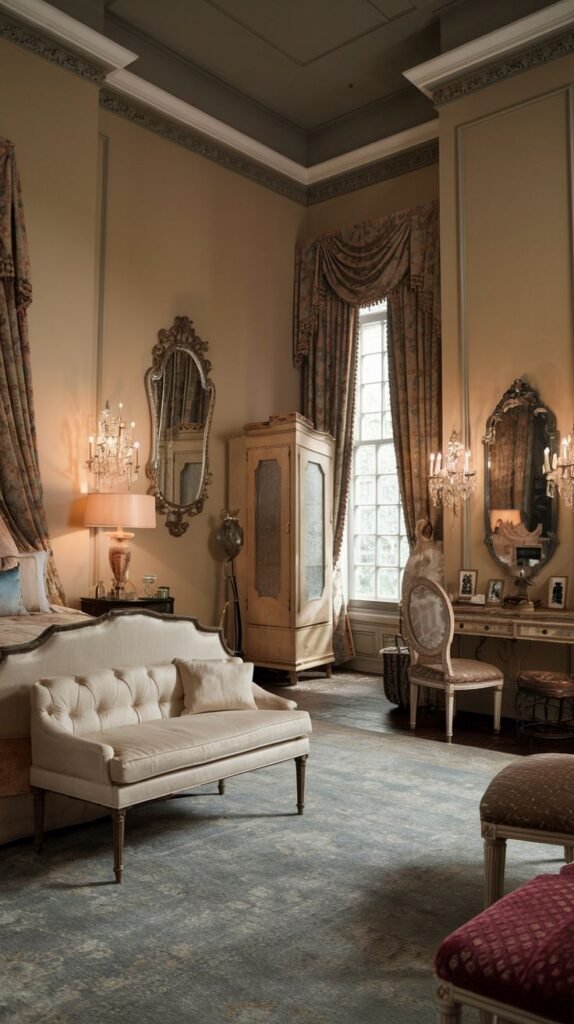 A Regal Victorian bedroom showcasing an elegant cream-colored tufted settee at the foot of the bed, and a decorative white armoire. The room includes a vanity table with a mirror and a patterned upholstered chair by a large window with draped curtains. The overall ambiance is refined and luxurious.