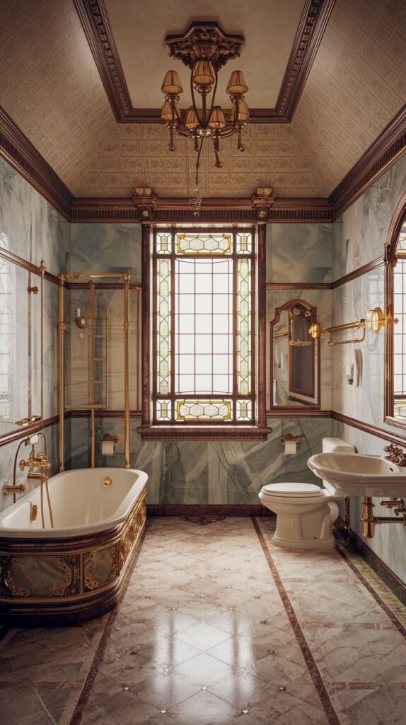 A Regal Victorian bathroom presenting a luxurious freestanding bathtub with ornate gold and blue details, complemented by gold fixtures. The walls are covered in patterned green marble, and the floor features a light marble design. A prominent stained-glass window and an elaborate gold chandelier complete the opulent setting.