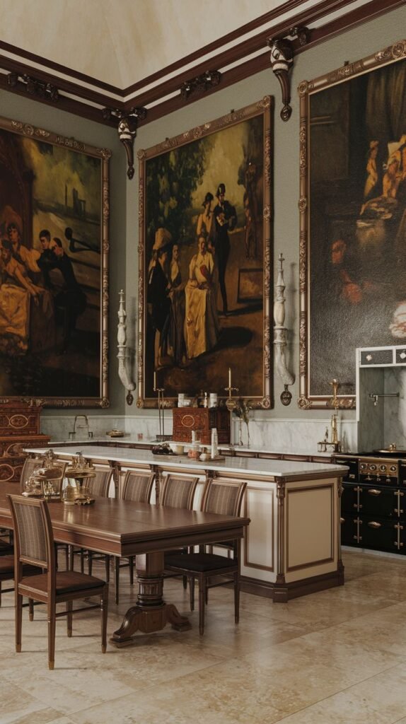 A Regal Victorian dining space or large kitchen with a long, sturdy wooden dining table and chairs positioned in front of a white kitchen island. The walls are dramatically decorated with very large, elaborate framed paintings. An antique-style black range is visible to the right.