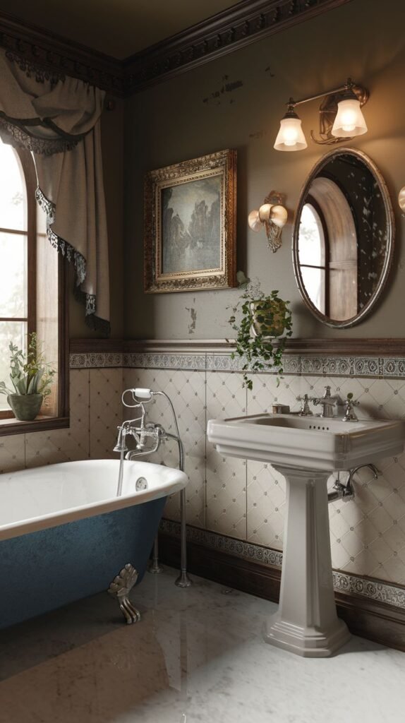 A Regal Victorian bathroom featuring a distinctive light blue freestanding claw-foot bathtub and a classic white pedestal sink. The walls have patterned white tiles in the lower half and a darker patterned section above, adorned with a framed painting and an oval mirror. A tall window with a draped curtain provides natural light.