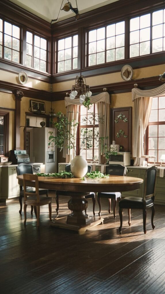 A Regal Victorian dining room or large kitchen area characterized by numerous large, multi-paned windows that fill the space with light. A large, oval wooden dining table with various chairs is central, under a chandelier. The room has dark wood trim and features a refrigerator and built-in cabinets.