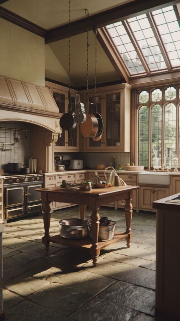 A Regal Victorian kitchen with a rustic yet grand feel, featuring a substantial wooden island in the center with pots hanging above. A large range hood and stove are prominent features, and the room is distinguished by an impressive skylight roof and arched windows. The floor is made of large stone tiles.