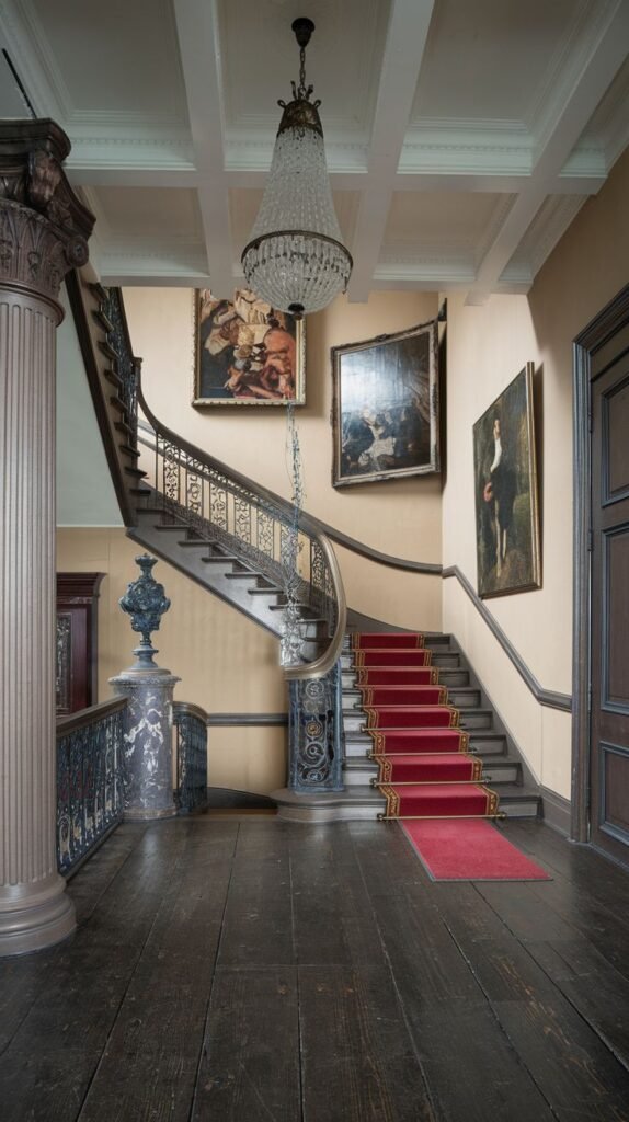 A Regal Victorian grand entrance hall featuring a sweeping staircase with a vibrant red runner carpet and intricate dark metal railings. The space includes tall decorative columns and large framed paintings on the light-colored walls. A large, clear crystal chandelier hangs from the ceiling, adding to the opulent feel.