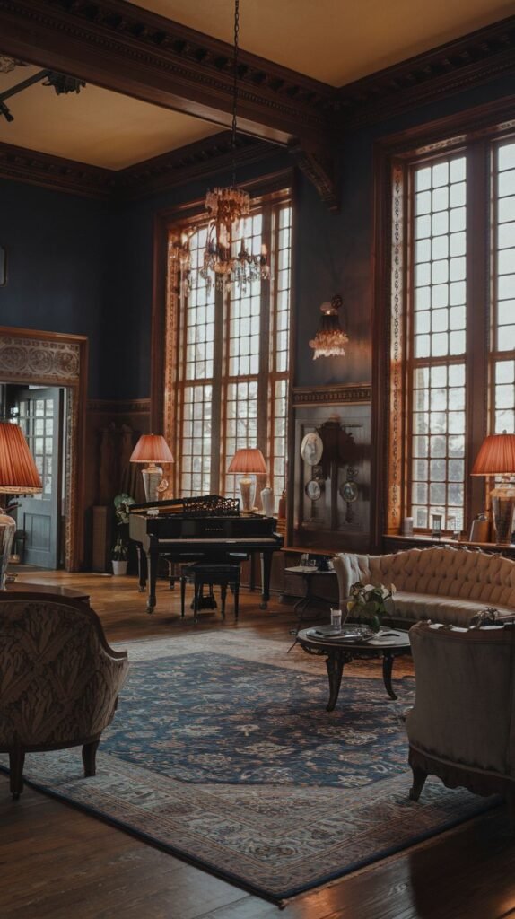 A Regal Victorian living room or drawing-room with high ceilings and tall, multi-paned windows, creating a bright and spacious atmosphere. A grand piano is a central element, surrounded by a tufted sofa and armchairs. The room is richly detailed with dark wood accents, a large patterned rug, and multiple chandeliers and lamps.