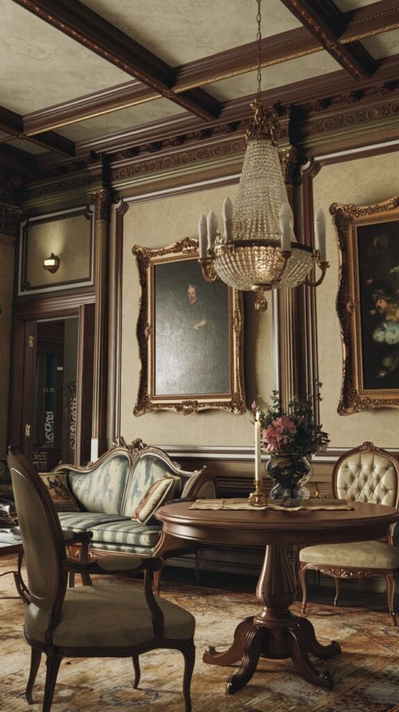 A Regal Victorian sitting room or parlor, elegantly decorated with rich wall paneling, large framed portraits, and a detailed crystal chandelier. The room contains a small, round wooden table with two chairs and a striped sofa. A vase of flowers on the table adds a touch of natural beauty.