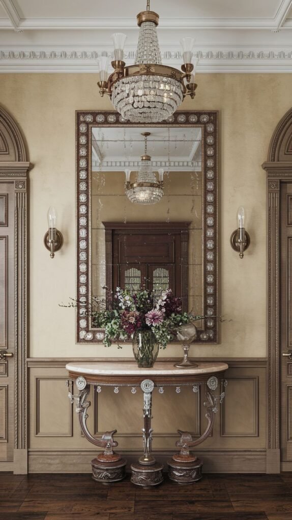 A Regal Victorian entryway with a large, ornate rectangular mirror centered above a curved marble console table adorned with a vase of colorful flowers. The space is illuminated by a dazzling crystal chandelier and two wall sconces, set against warm yellow walls with decorative wood paneling.