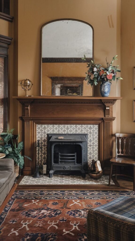 A Regal Victorian living space centered around a prominent wooden fireplace mantel with a large arched mirror above it. The fireplace hearth is adorned with decorative patterned tiles. The room has warm-toned walls and a patterned rug, with a plant and a decorative vase on the mantel.