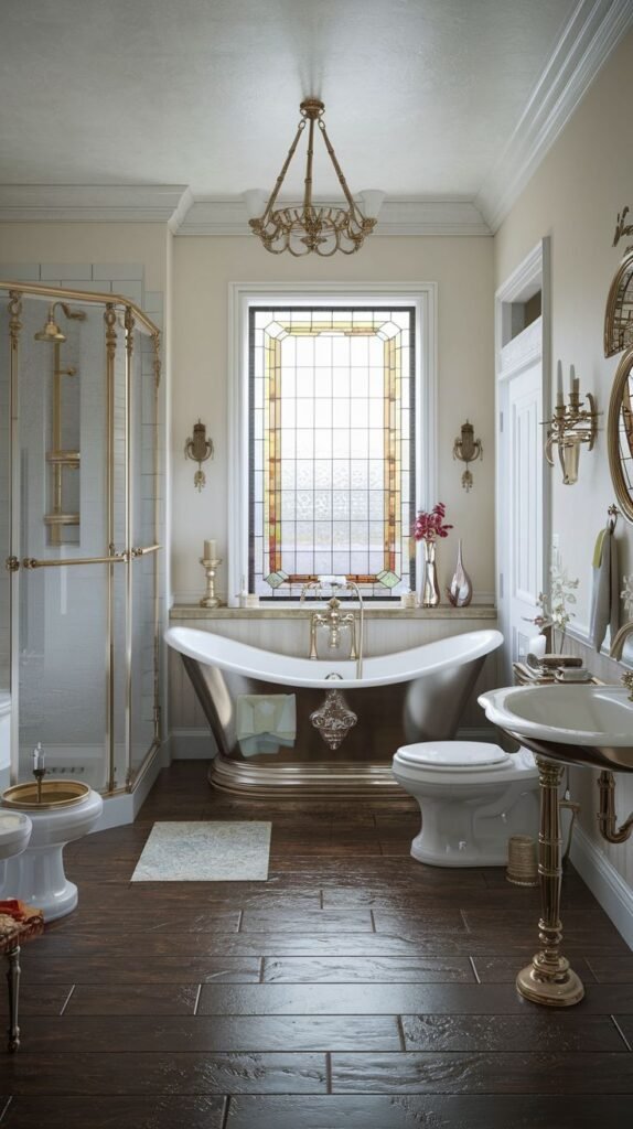 A Regal Victorian bathroom featuring a luxurious white freestanding bathtub with ornate silver-gold accents and matching fixtures. A stunning stained-glass window is a focal point, and the room also includes a toilet, a pedestal sink, and a glass-enclosed shower. Ornate wall sconces add to the Regal ambiance.