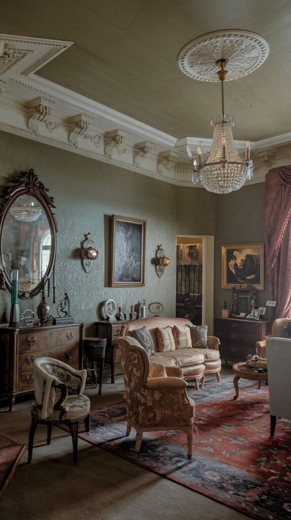 A Regal Victorian living room or parlor with an ornate crystal chandelier hanging from a decorative ceiling. The room features a large oval mirror above a dresser, a tufted sofa, and patterned armchairs. Rich drapes frame a window, and a large patterned rug covers the floor. The walls have decorative paneling and wall sconces.
