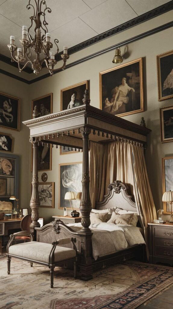 A Regal Victorian bedroom showcasing a magnificent dark wood four-poster bed with elegant drapes and a matching upholstered bench at its foot. The walls are richly adorned with numerous framed paintings, and a substantial dark chandelier hangs overhead. A wooden desk and chair are also visible.
