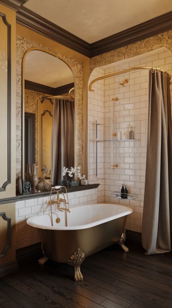 A Regal Victorian bathroom featuring a luxurious freestanding bathtub with ornate gold claw feet and matching gold fixtures. The walls are a mix of white subway tiles and patterned wallpaper, and a large arched mirror hangs above a dark wooden shelf. A shower area with a beige curtain is also present.