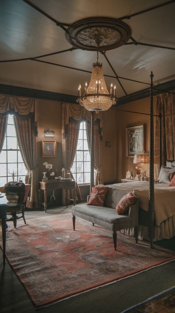 A Regal Victorian bedroom with a canopy bed, a tufted upholstered bench, and a desk positioned by a large window. A multi-tiered crystal chandelier hangs from a decorative ceiling medallion. The room is richly appointed with patterned curtains and a large, intricately designed red rug.