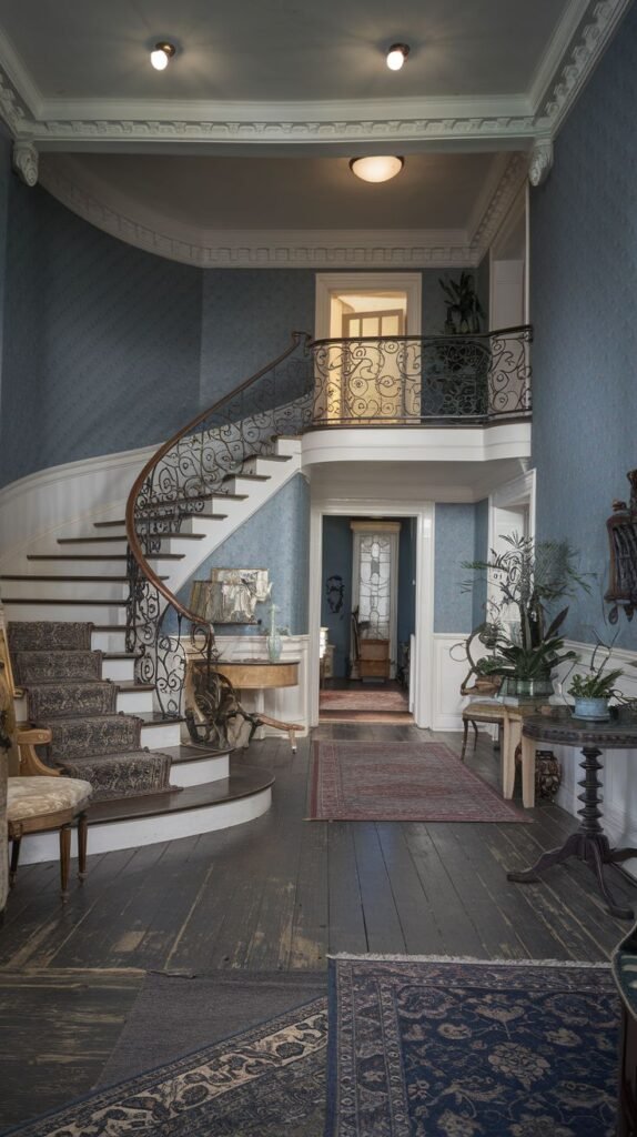 A Regal Victorian grand foyer with a sweeping curved staircase featuring elaborate wrought iron railings and a patterned carpet runner. The walls are covered in blue patterned wallpaper, and the dark wooden floor is accented with several ornate rugs. The space conveys an air of historical elegance.