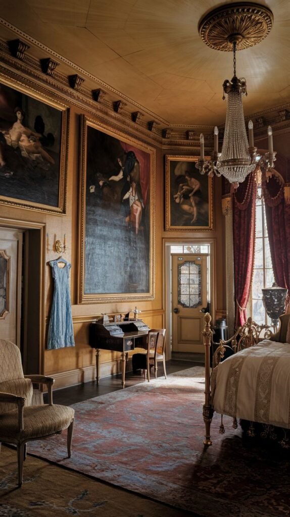 A Regal Victorian bedroom defined by a heavy, ornate metal bed frame and walls almost entirely covered with large, dramatic framed paintings. A light blue dress hangs on the wall near a dark wooden desk, and a sparkling crystal chandelier illuminates the room. Red drapes frame a tall window.