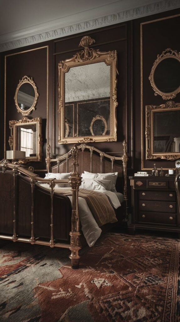 A Regal Victorian bedroom featuring a dark wood bed frame with prominent gold accents, set against dark brown walls with intricate molding and multiple framed mirrors. A matching dark wooden nightstand with a lamp stands beside the bed. A richly patterned rug in shades of red and brown covers the floor.