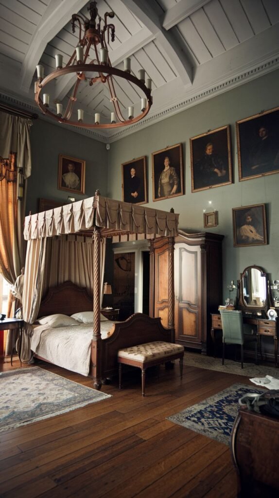 A Regal Victorian bedroom with a stately dark wood four-poster bed draped in light fabric, complemented by a large wooden armoire and a vanity table with a mirror. The light green walls are adorned with numerous framed portraits, and a large wooden chandelier with candle-like lights hangs from the ceiling.