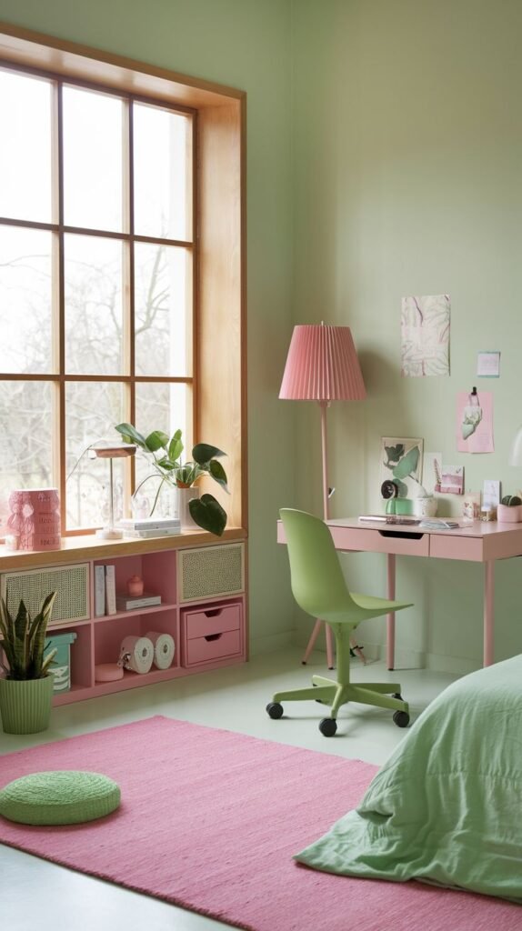 A bright and functional bedroom with light green walls and a prominent pink rug. A pink desk with a green office chair and a pink pleated lamp create a cheerful yet relaxing workspace within the room.