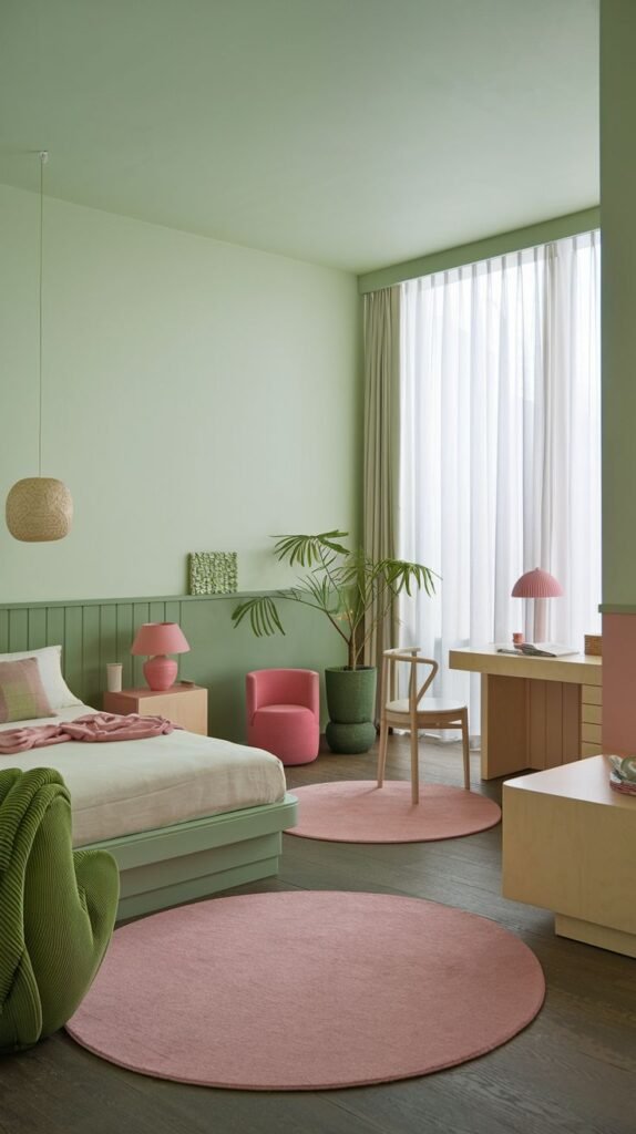 A spacious bedroom designed with light green walls and striking pink furniture, including the bed and several chairs. The room is made more vibrant by multiple pink and green circular rugs on a wood floor, creating a bright and relaxing space.