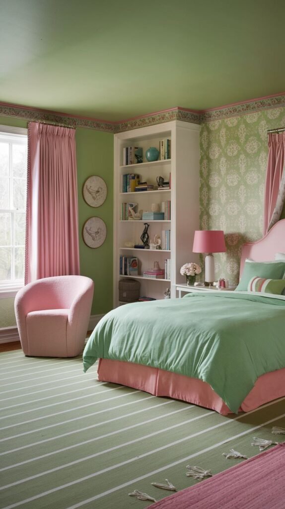 A comfortable bedroom with light green walls, a green patterned wallpaper border, and pink curtains. A pink accent chair and a pink headboard on a bed with green bedding, complemented by a green striped rug, contribute to a classic and relaxing feel.
