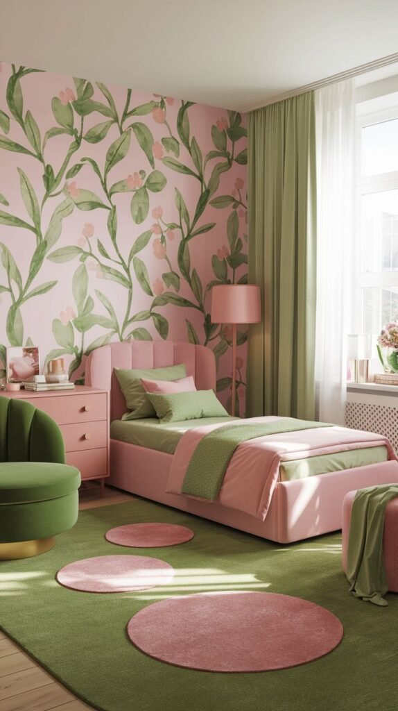 A vibrant bedroom showcasing a large pink wall mural with green botanical elements. A pink bed with green bedding, green curtains, and a green rug accented with pink circular shapes create a natural and relaxing ambiance.