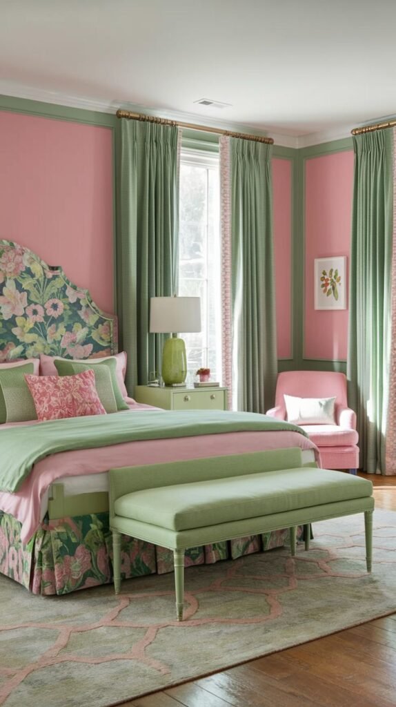 An elegant bedroom featuring a floral upholstered headboard in pink and green, complemented by pink walls and green wall trim. Green curtains with pink piping, green bedding, and a green bench at the foot of the bed enhance the sophisticated and relaxing design.
