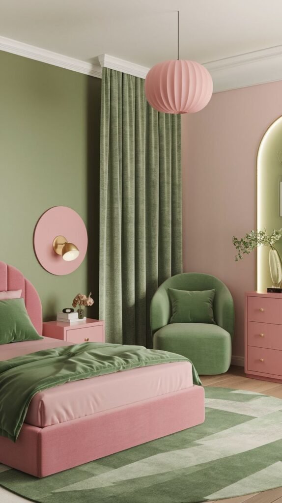 A contemporary bedroom characterized by bold color blocking with half green and half pink walls. A pink bed with green bedding, a green armchair, and a green rug with light green stripes contribute to a chic and relaxing aesthetic.