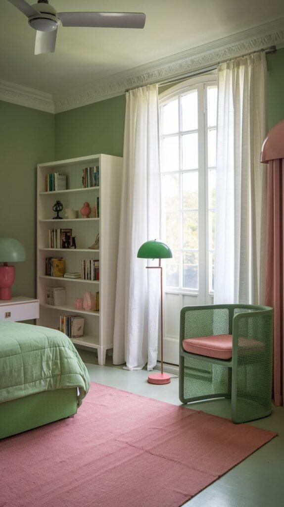 An eclectic bedroom with light green walls and floor, grounded by a vibrant pink rug. The room includes a white bookshelf, a green metal chair with a pink cushion, and a distinctive green floor lamp with a pink base, creating a bright and relaxing environment.