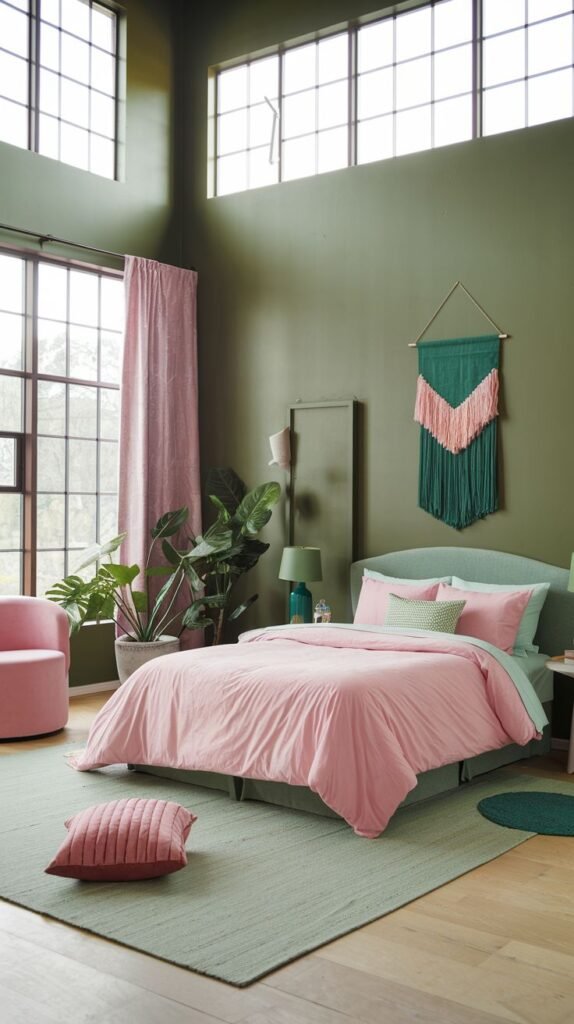 A spacious bedroom with tall windows, high ceilings, and dark green walls. A pink bed with green bedding, a large green rug, a pink accent chair, and a pink and green wall hanging create an earthy and relaxing retreat.