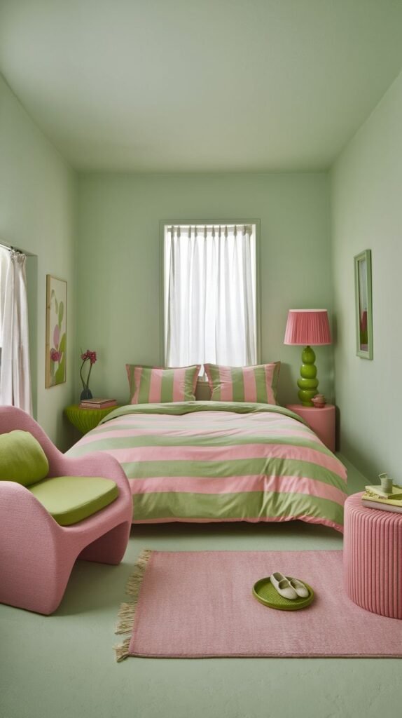 A cozy and bright bedroom with light green walls and floor, featuring a prominent pink and green striped duvet cover. A pink armchair, a pink ottoman, and a pink rug add pops of color, contributing to a warm and relaxing atmosphere.