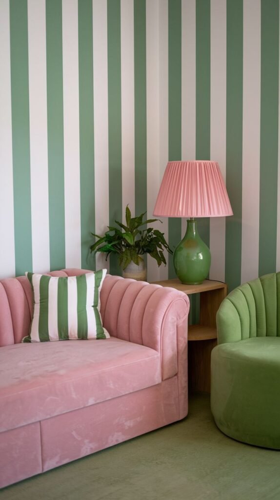 A corner of a stylish bedroom featuring walls with vertical green and white stripes. A ribbed pink sofa, a green armchair, and a pink pleated lamp with a green base create an inviting and relaxing sitting area.