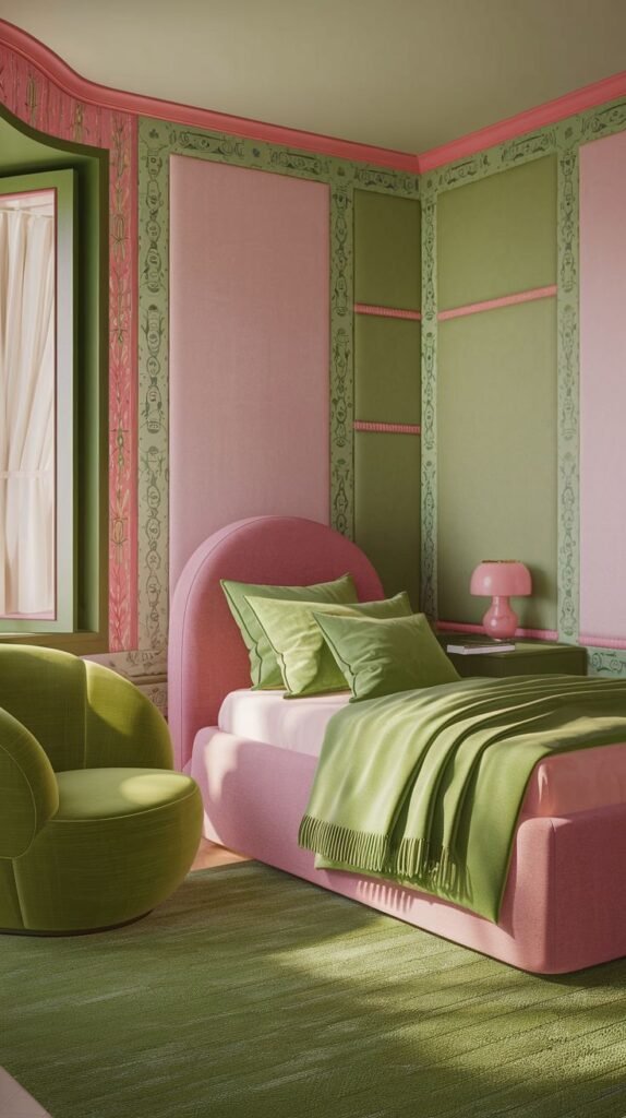 An ornate bedroom adorned with decorative trim in pink and green. A pink bed with a curved headboard, green bedding and throw, and a green armchair complement a green rug with pink and green abstract patterns, creating a luxurious and relaxing feel.