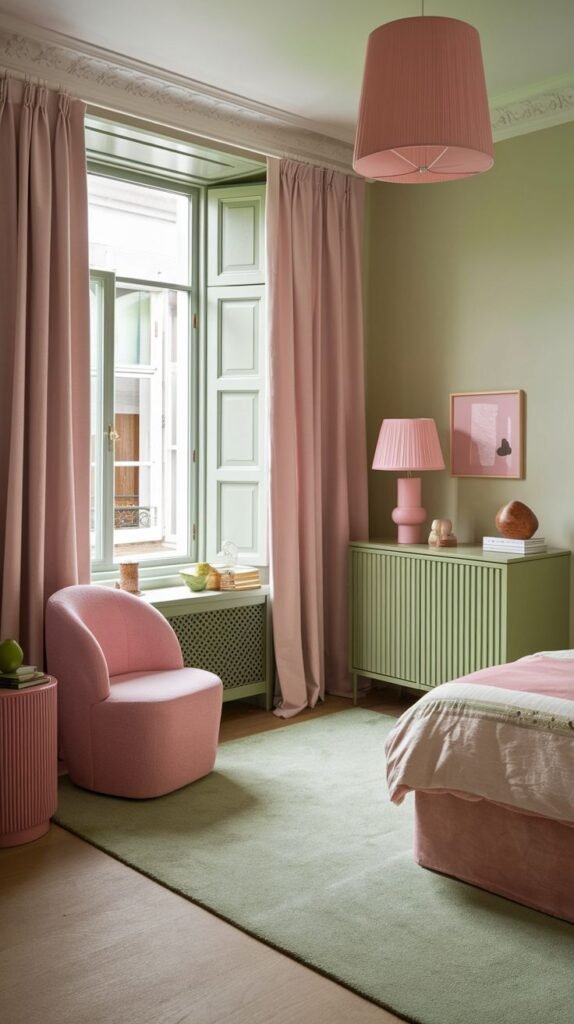 A serene bedroom with light green walls, pink curtains, and a pink pendant light. A pink armchair, a green cabinet, and a green rug add comfort and style, making it an inviting and relaxing space.