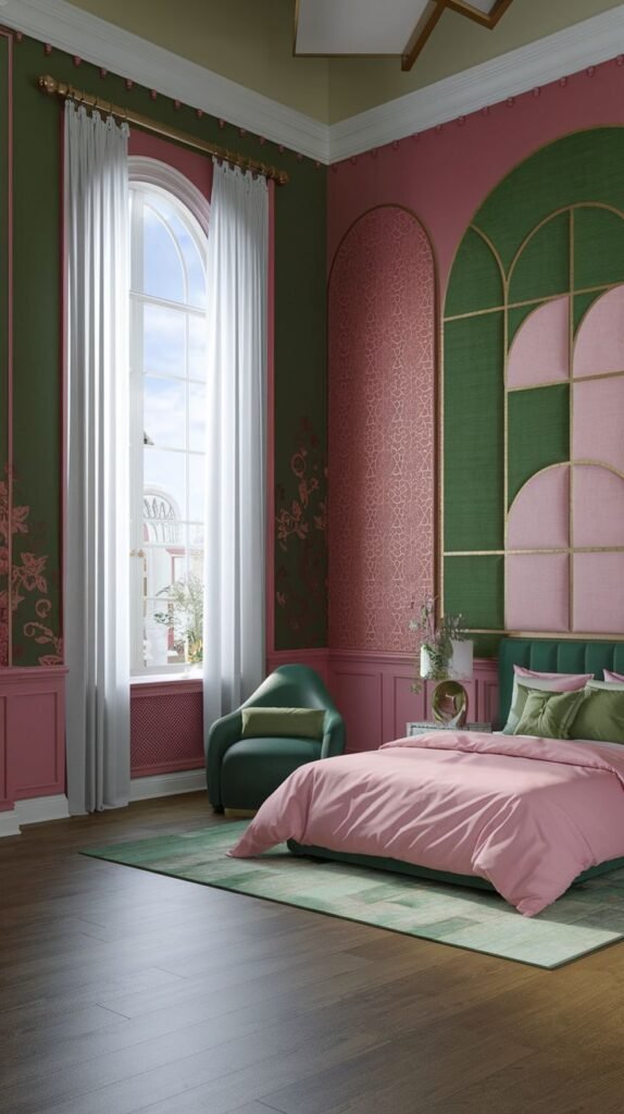 A luxurious bedroom with intricate wall designs in pink and green with gold accents. A pink bed with green bedding, a green armchair, and a large arched window contribute to an ornate and relaxing ambiance.