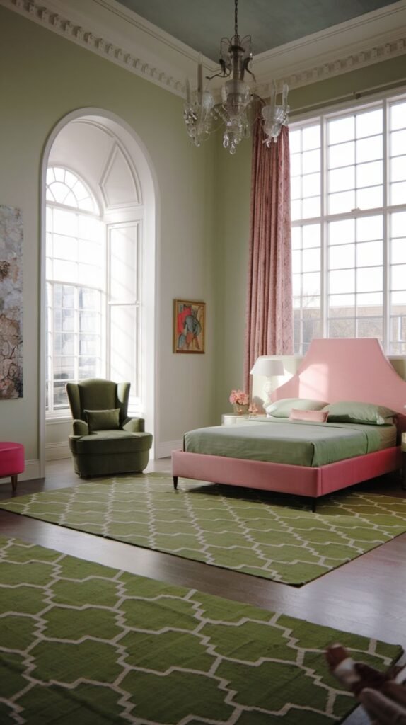 An elegant bedroom centered around a pink upholstered bed with green bedding. The light green walls and a green patterned rug complement a large arched window and a comfortable green armchair, creating a classic and relaxing space.