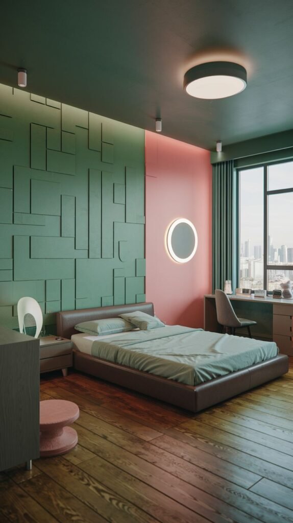 A contemporary bedroom featuring a striking geometric accent wall split between green and pink. A low bed with green bedding and a small pink side table create a minimalist and relaxing setting.