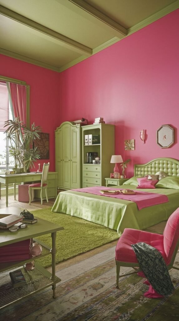 A bold and inviting bedroom with bright pink walls and a light green ceiling. Green furniture, including a wardrobe and desk, a green bed with pink accents, and a pink armchair, contribute to a cheerful and relaxing space.