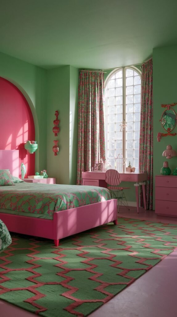 A playful bedroom with a prominent pink arched accent wall and light green main walls. A pink bed frame with green and pink patterned bedding, along with a green rug featuring pink geometric patterns, create a warm and relaxing environment.