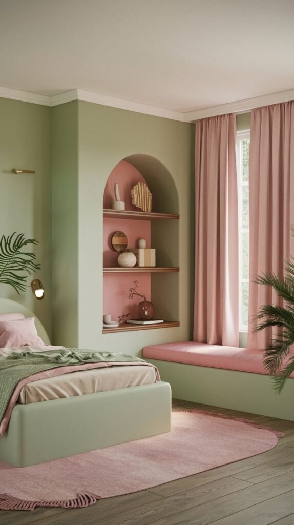 A minimalist and cozy bedroom with light green walls and a built-in niche featuring pink arched shelves. Pink curtains and a pink window seat complement the bed with pink and green bedding, fostering a calm and relaxing environment.