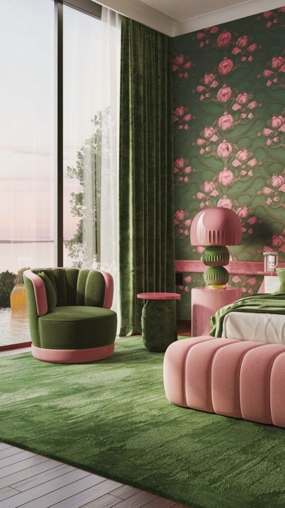A serene and opulent bedroom overlooking water, featuring dark green walls and a floral pink and green wallpaper. A pink and green armchair, an ottoman, and a unique mushroom-shaped lamp enhance the sophisticated and relaxing atmosphere.