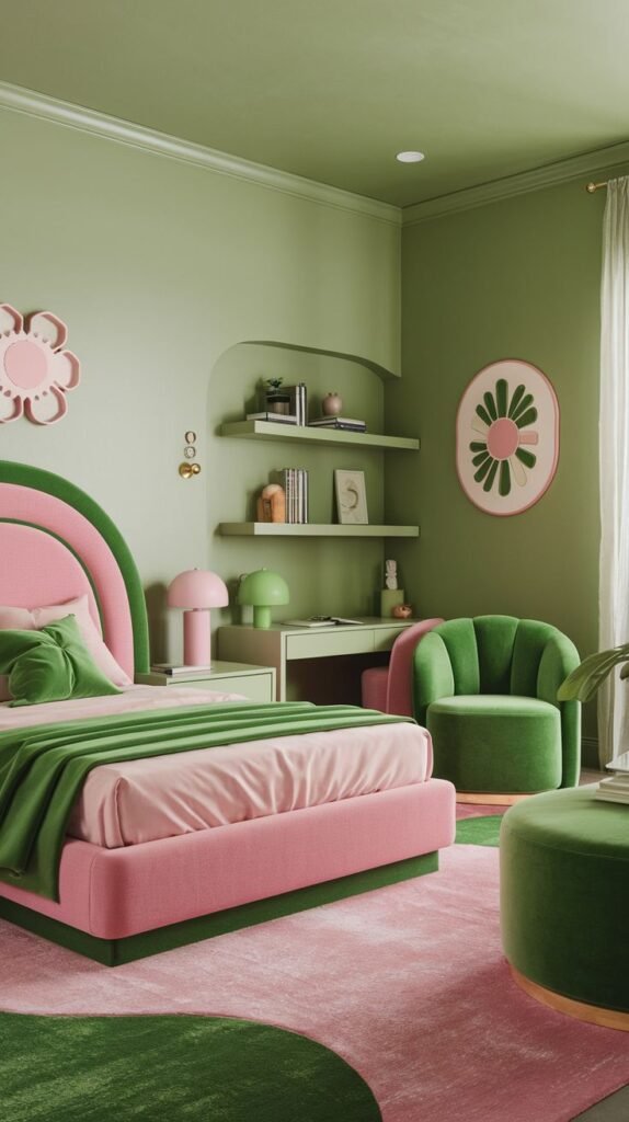 A modern bedroom in soft shades of pink and green. The room includes a pink bed with a rounded pink and green headboard, green bedding, and a pink rug with green organic shapes, creating a soothing and relaxing space.