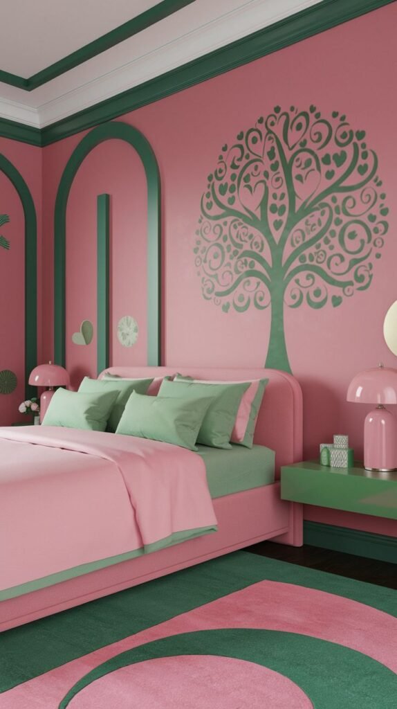 A romantic bedroom with pink walls and decorative green trim and ceiling details. A large green tree stencil adorns the pink wall above a pink bed with green bedding, while a green and pink rug adds to the artistic and relaxing ambiance.