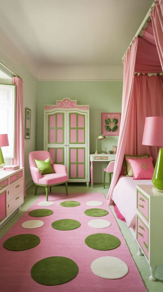 A playful bedroom designed with a pink canopy bed and a green and pink patterned wardrobe and dresser. A fun pink rug with large green and white polka dots adorns the light green floor, making it a whimsical and relaxing space.