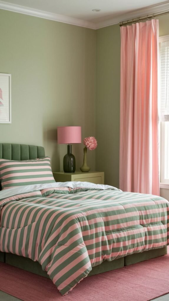 A charming bedroom featuring a pink and green striped duvet cover on a bed with a green upholstered headboard. The pink rug and pink curtains beautifully complement the light green walls, creating a neat and relaxing retreat.