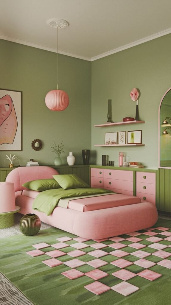 A contemporary bedroom with an organically shaped pink bed and green bedding. Green walls with a pink accent wall and a unique green rug with a pink square tile pattern contribute to a playful and relaxing design.
