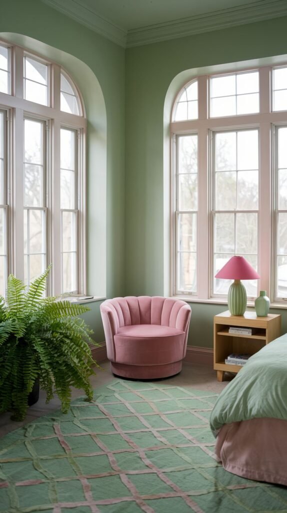 An airy and elegant bedroom featuring two large arched windows and light green walls and carpet. A pink armchair, a pink lamp on a wooden nightstand, and a green rug with a pink grid pattern create a sophisticated and relaxing atmosphere.