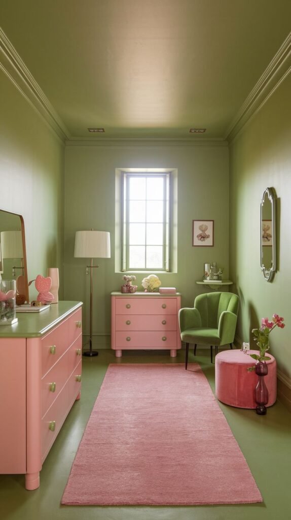 A long, serene bedroom or dressing area painted in light green on both walls and floor. The space is furnished with two pink dressers, a pink rectangular rug, a pink ottoman, and a green armchair, offering a functional and relaxing feel.